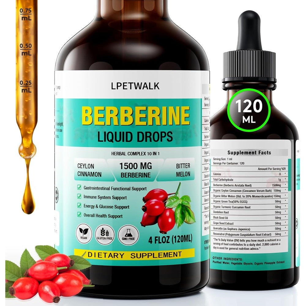 Lpetwalk Organic Berberine Hcl Liquid Drops front bottle view