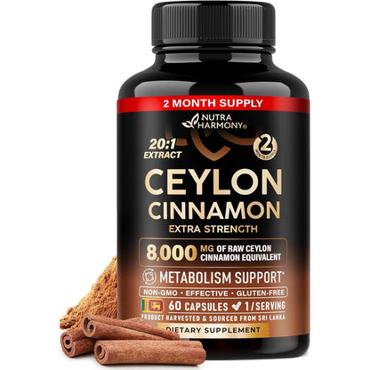 NUTRAHARMONY Ceylon Cinnamon 20 to 1 extract herbal supplement 60 pills bottle
