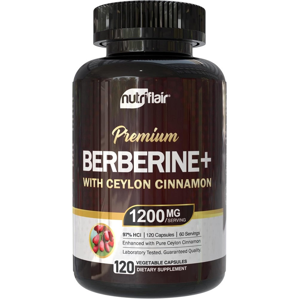NutriFlair Berberine HCl 1200mg with Ceylon Cinnamon front bottle view