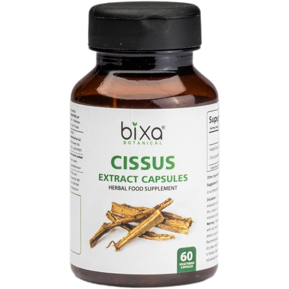 Bixa Botanical Cissus Extract Hadjod 60 capsules front view bottle showing bone health supplement benefits.