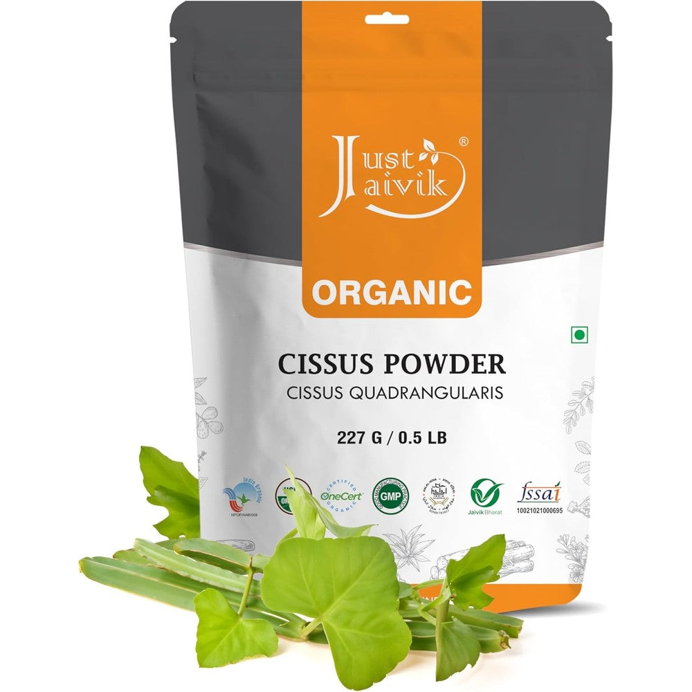 Just Jaivik 100 Percent Organic Cissus Powder 227 grams front packaging view for bone health.