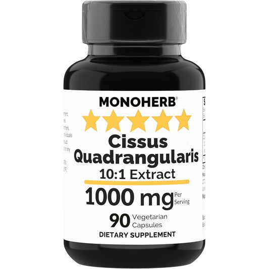 Monoherb Cissus Quadrangularis 10X Extract 90 capsules bottle front view for joint support.