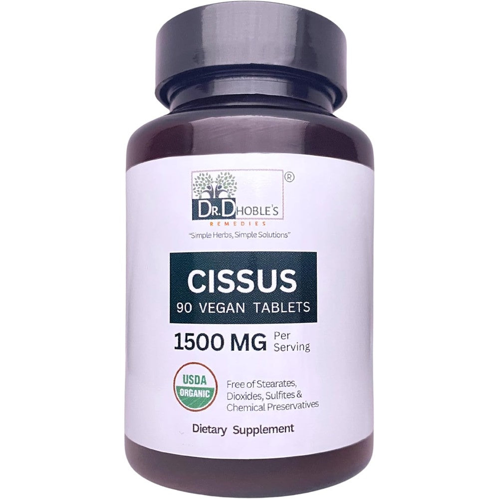 Genius Herbs Dr Dhoble Remedies USDA Organic Cissus Quadrangularis supplement bottle front view for bone and joint health.