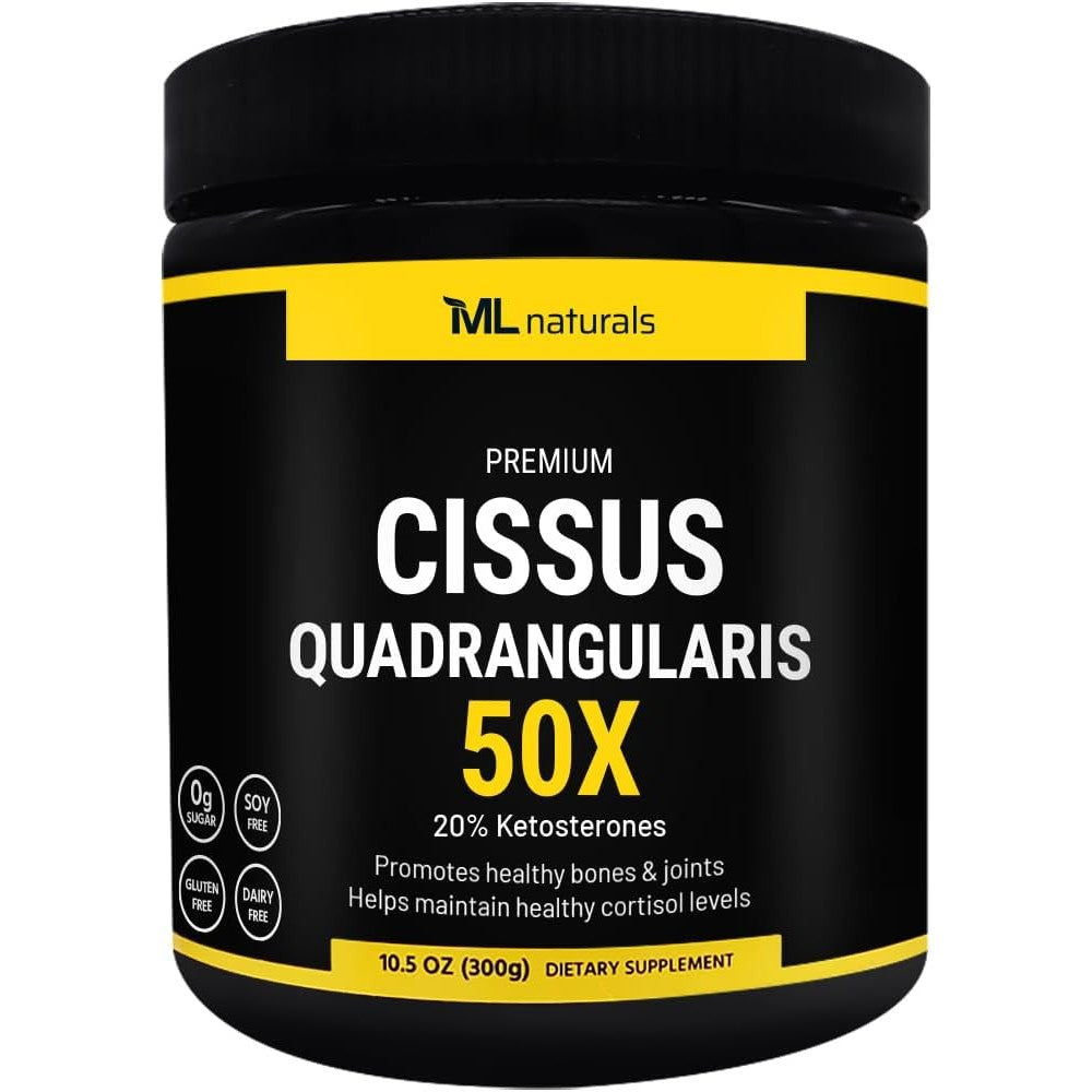 ML Naturals Cissus Quadrangularis 50X Extract 300g container front view showing joint support benefits.