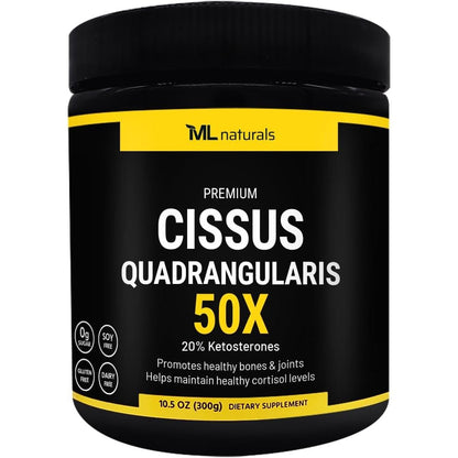 ML Naturals Cissus Quadrangularis 50X Extract 300g container front view showing joint support benefits.