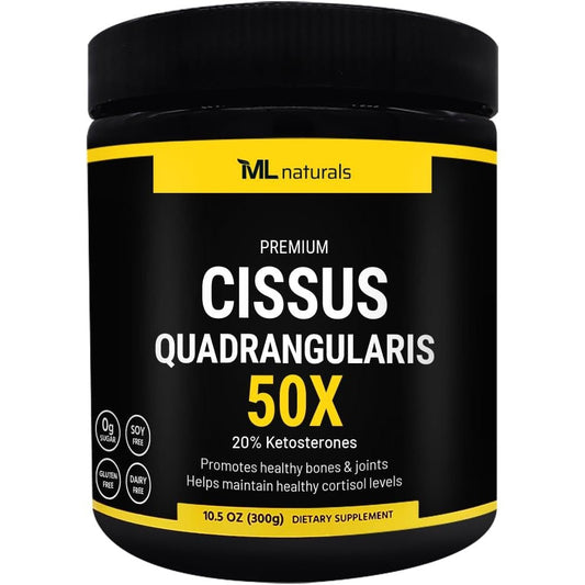 ML Naturals Cissus Quadrangularis 50X Extract 300g container front view showing joint support benefits.