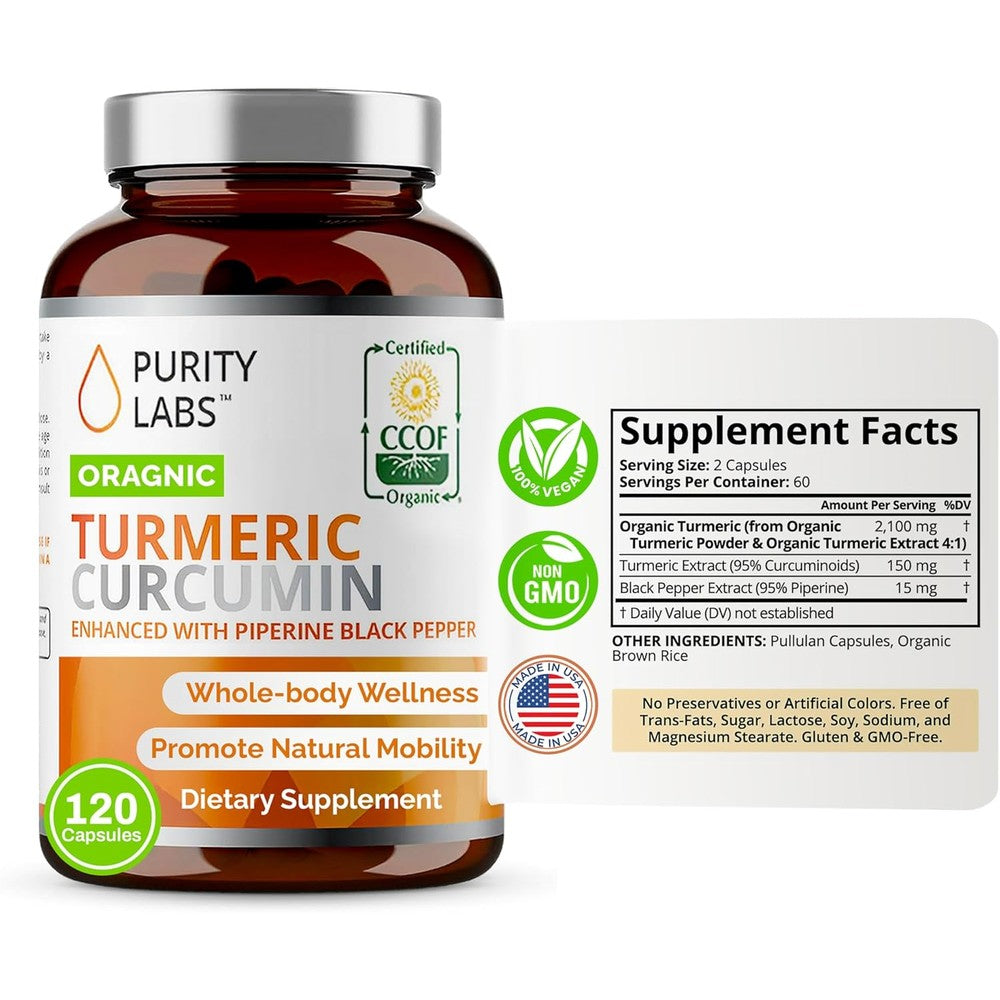 Purity Labs Organic Turmeric Curcumin front view bottle
