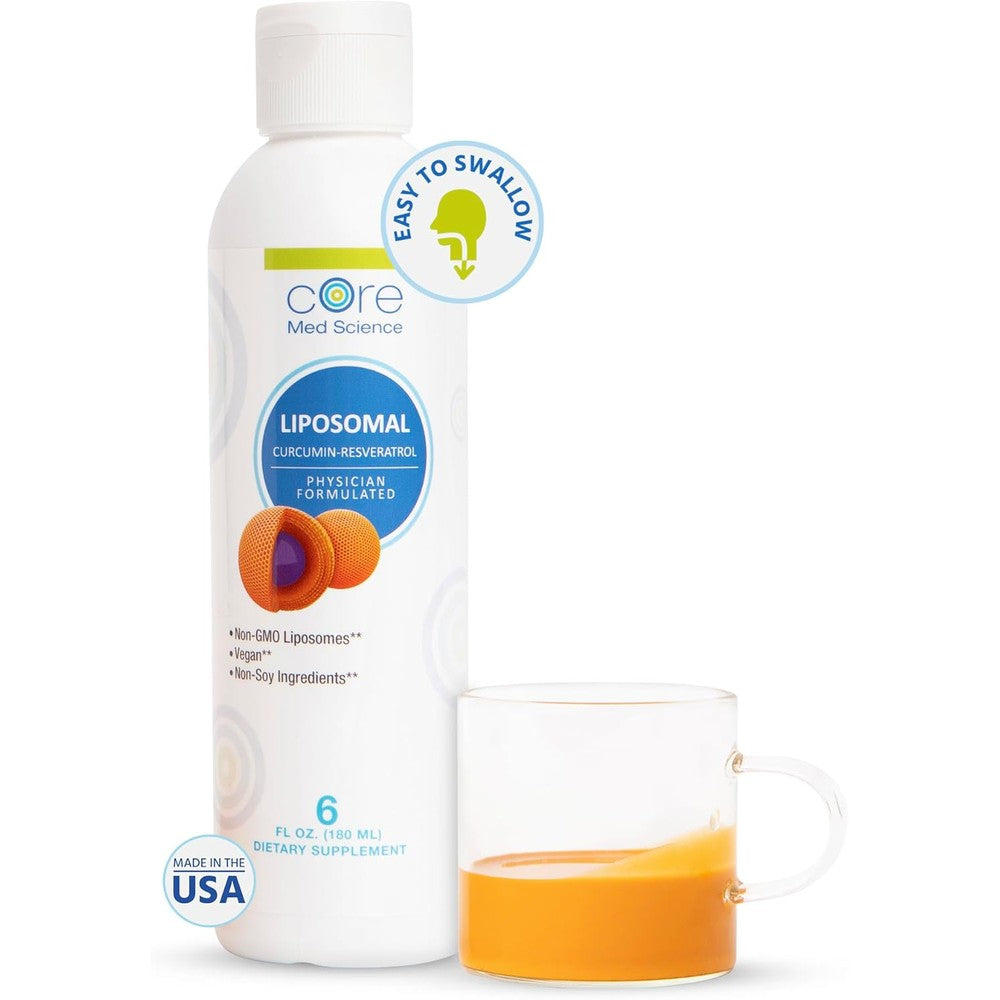 Core Med Science Liposomal Curcumin and Resveratrol liquid supplement front view.