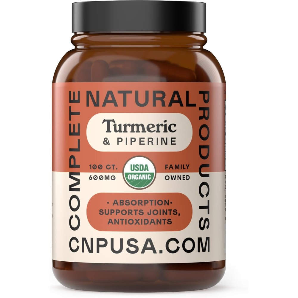 Complete Natural Products Organic Turmeric with Piperine 600mg capsules front view