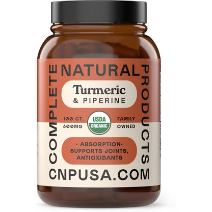 Complete Natural Products Organic Turmeric with Piperine 600mg capsules front view