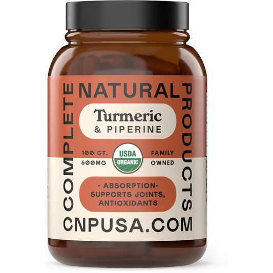 Complete Natural Products Organic Turmeric with Piperine 600mg capsules front view
