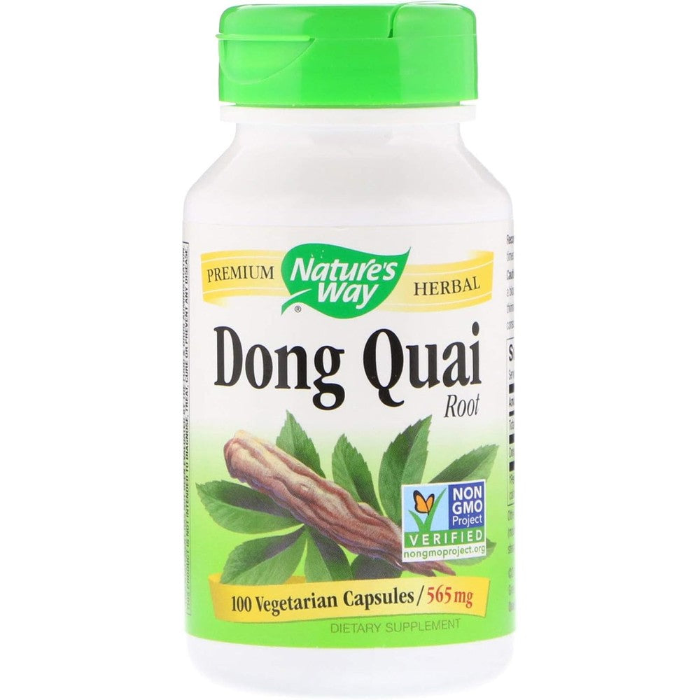 Nature's Way Premium Dong Quai Root one hundred capsules front view bottle showing herbal supplement labels