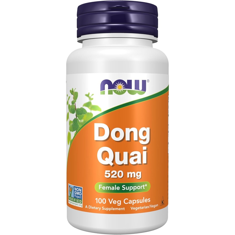 NOW Foods Dong Quai 520mg front view bottle showing 100 vegetarian capsules packaging