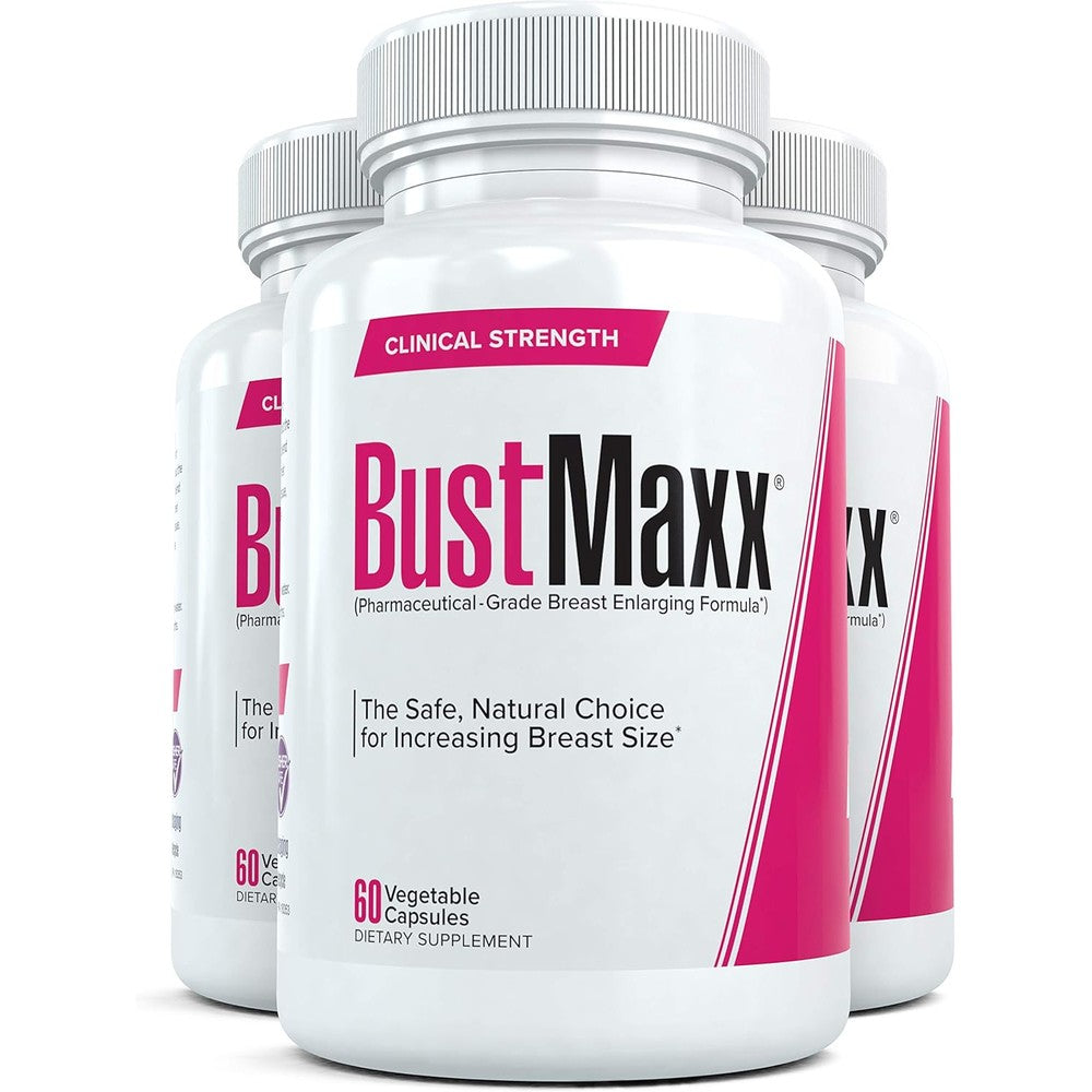 BustMaxx Natural Breast Enhancement Supplement front view showing three bottles of vegetarian capsules.