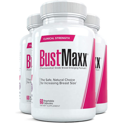 BustMaxx Natural Breast Enhancement Supplement front view showing three bottles of vegetarian capsules.