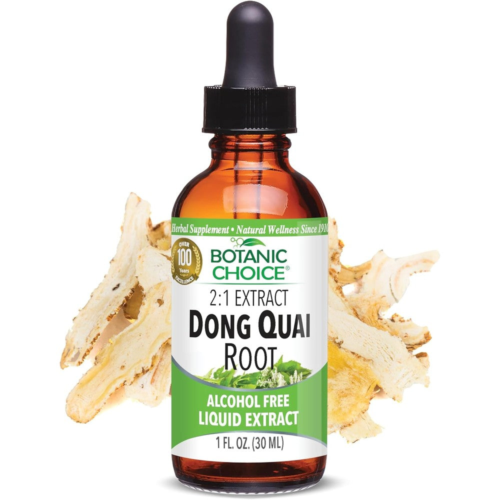 Botanic Choice Dong Quai Root Liquid Extract 1 Fluid Ounce bottle front view showing product label.