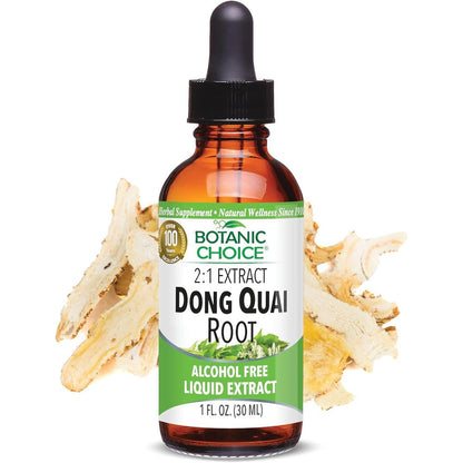 Botanic Choice Dong Quai Root Liquid Extract 1 Fluid Ounce bottle front view showing product label.