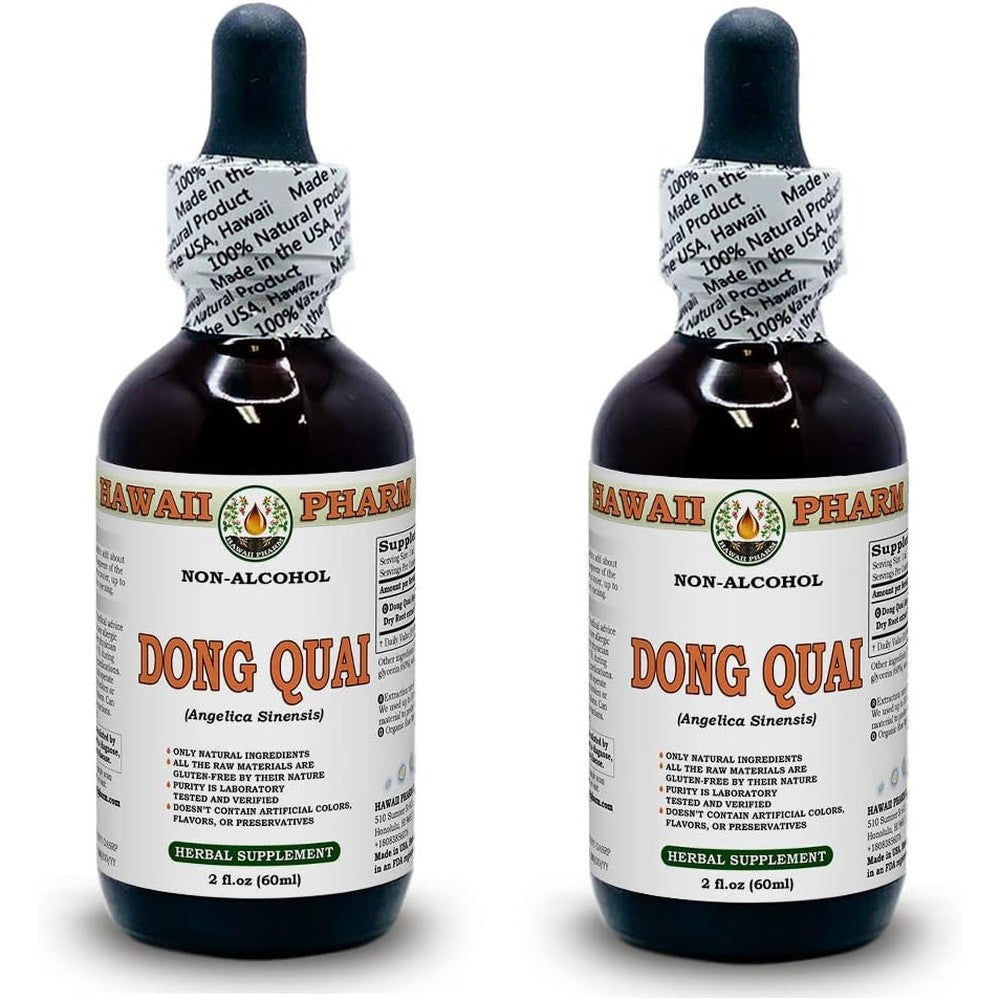 Hawaii Pharm Dong Quai Liquid Extract front view showing packaging for holistic hormone support.