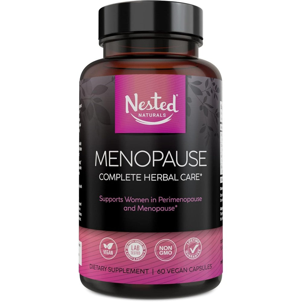 Nested Naturals Menopause Complete bottle front view showing herbal care support.