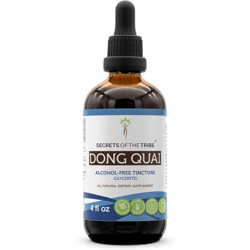 Secrets of the Tribe Dong Quai Tincture 4 Fluid Ounce bottle front view showing product labels and ingredients