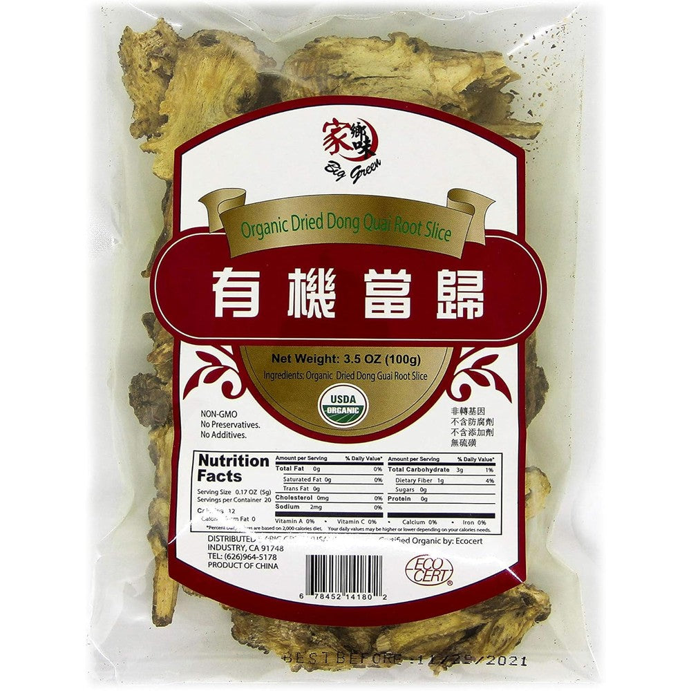 Big Green Organic Dried Dong Quai Root Slices front packaging showing USDA organic seal for women's health supplement