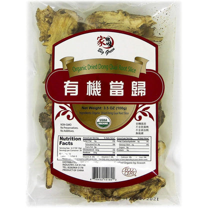 Big Green Organic Dried Dong Quai Root Slices front packaging showing USDA organic seal for women's health supplement