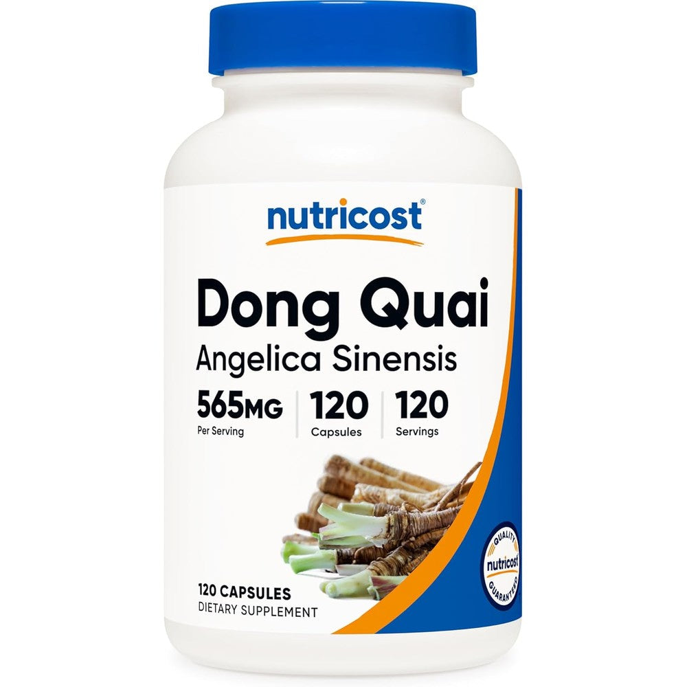 Nutricost Dong Quai 565mg front view bottle containing 120 vegetarian capsules for female health support