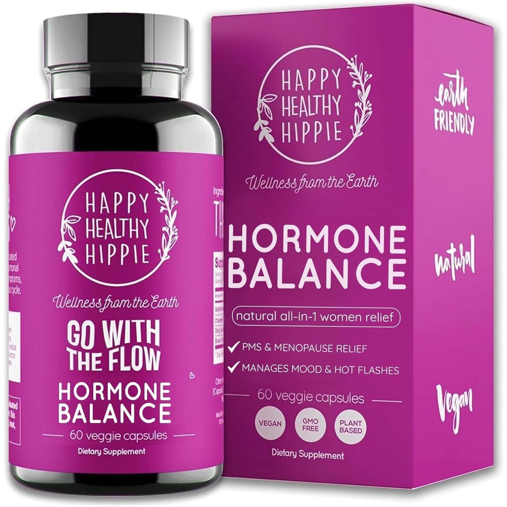 Happy Healthy Hippie Hormone Balance front view bottle of female PMS supplement