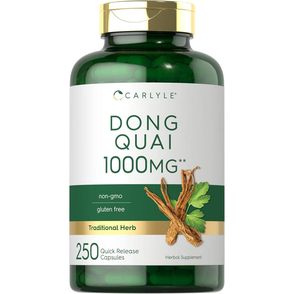 Carlyle Dong Quai Root 1000mg 250 capsules bottle front view showing clean traditional herbal formula packaging