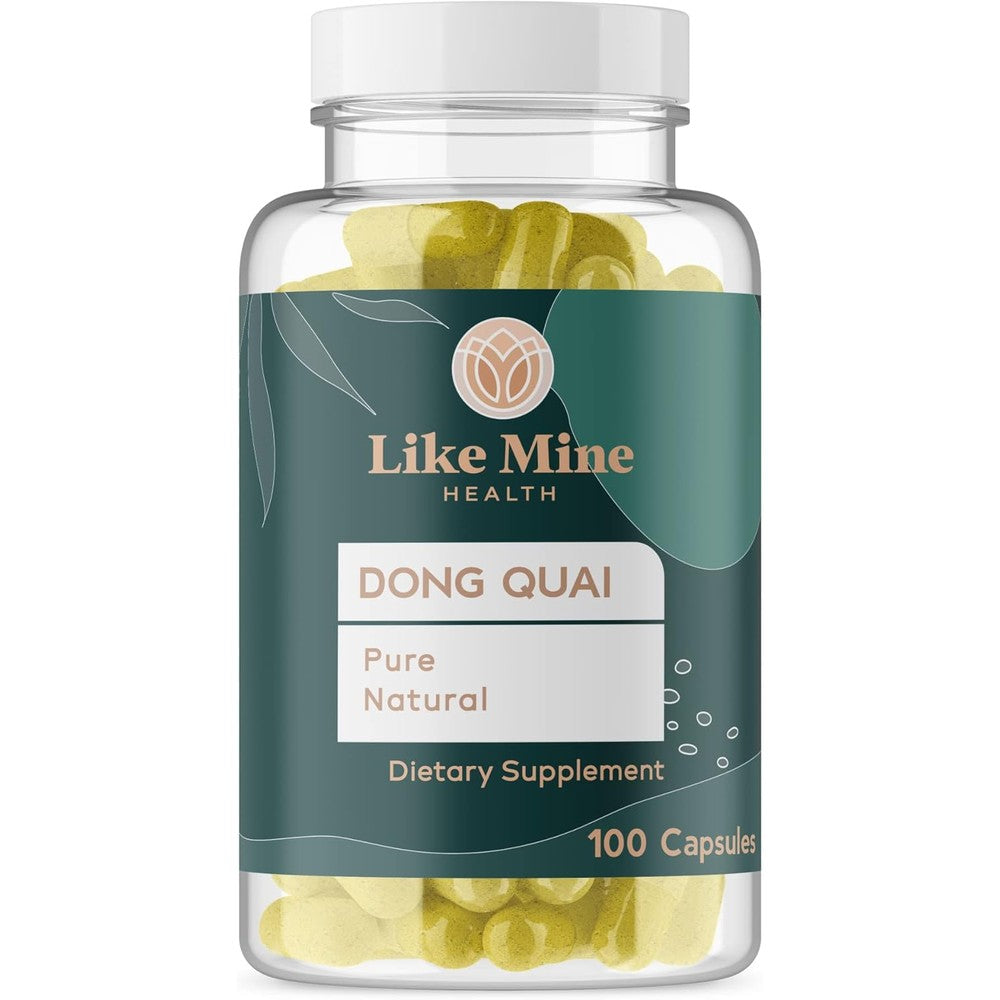 Like Mine Dong Quai one hundred capsules front bottle view showing clean label