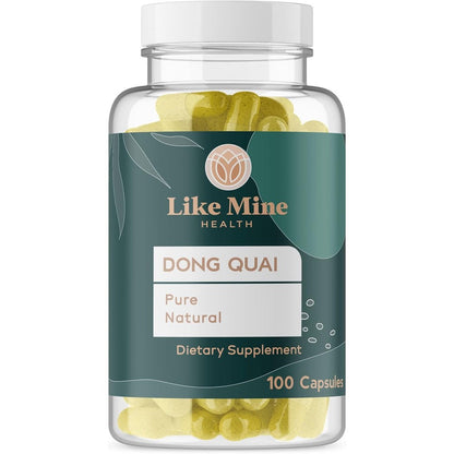 Like Mine Dong Quai one hundred capsules front bottle view showing clean label