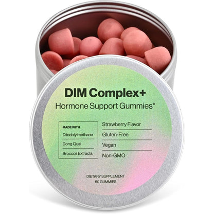 Habit + Habitat DIM Complex Hormone Support Gummies front view bottle showcasing the strawberry flavor.