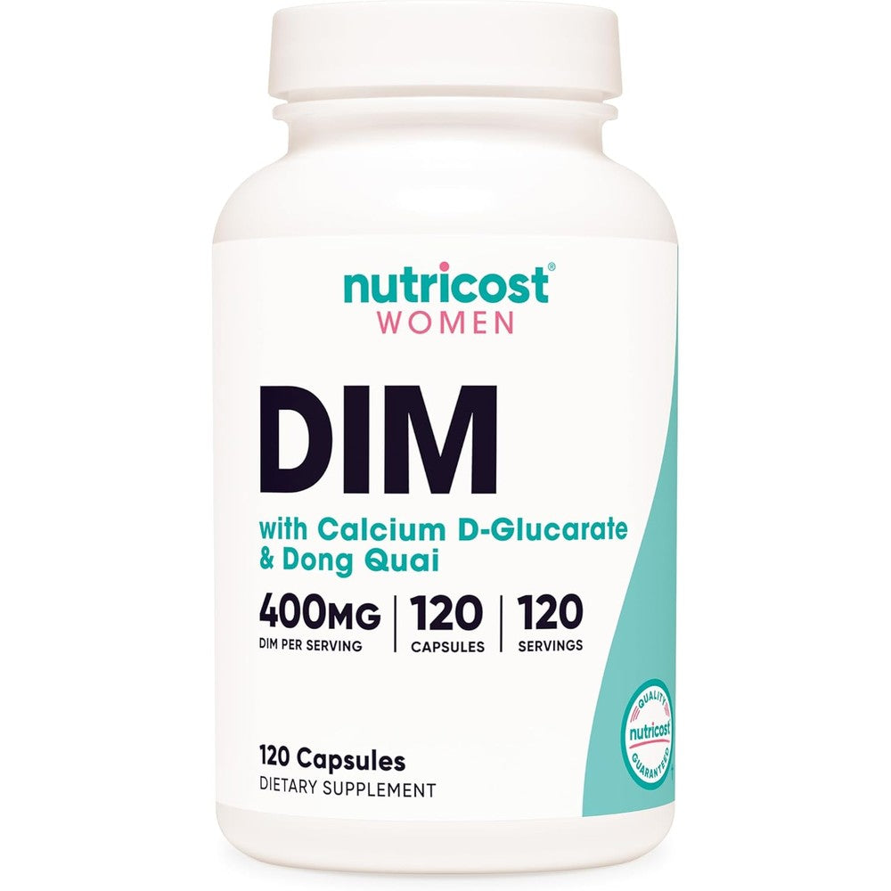 Nutricost Diindolylmethane DIM supplement for women 400mg front view showing authentic imported packaging