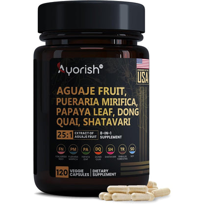 Ayorish Aguaje Fruit 1000mg bottle front view showing 120 veggie capsules for women's health.