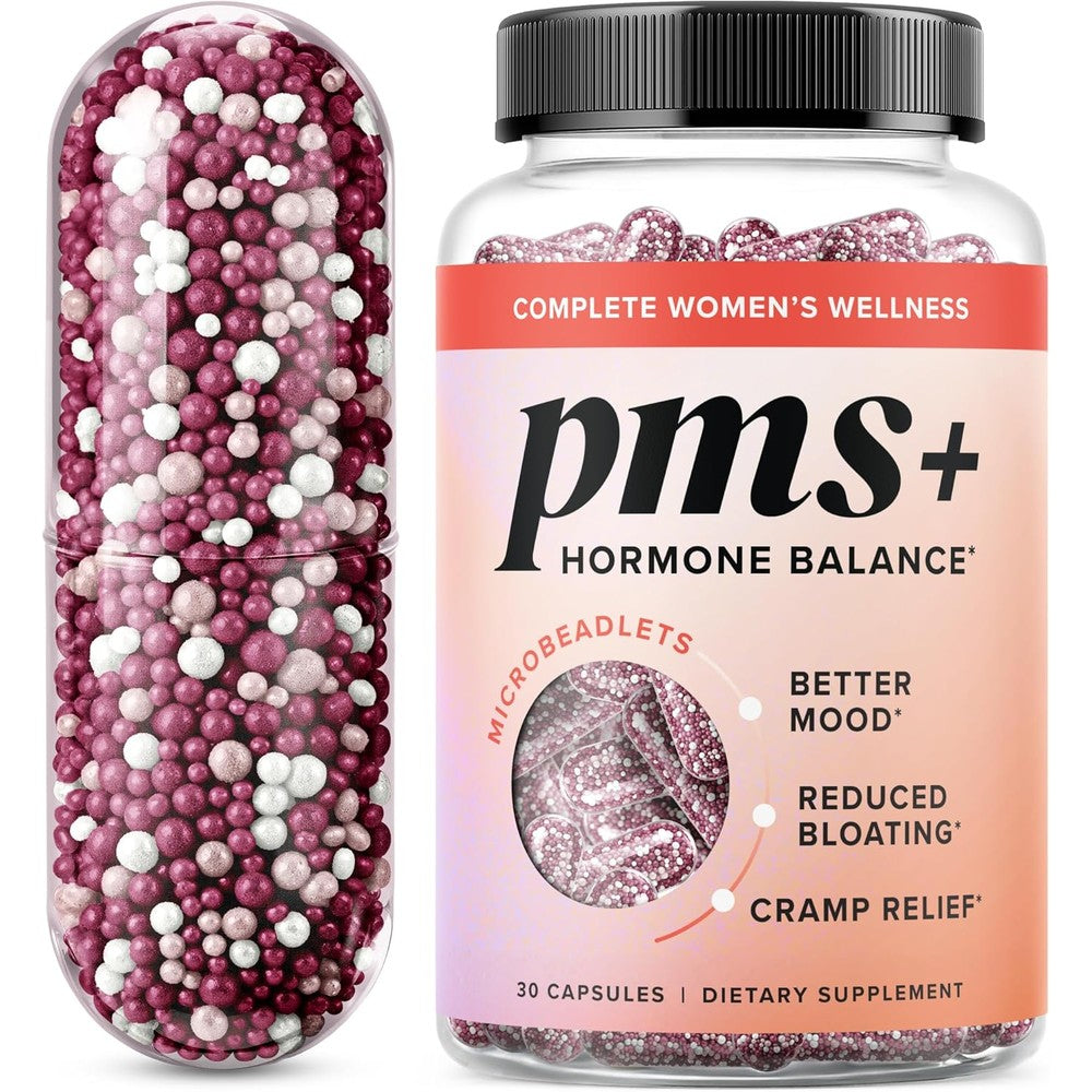 SMNutrition PMS Support For Women front view bottle showing 30 microbeadlet capsules