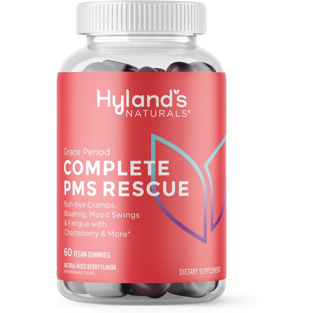 Hyland's Grace Period Complete PMS Rescue front bottle view showing 60 vegan gummies packaging.