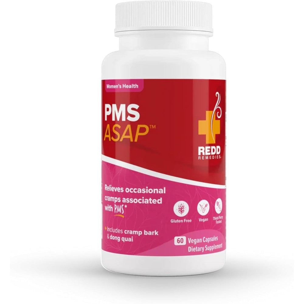 Redd Remedies PMS ASAP front view bottle showing 60 vegan capsules for period relief