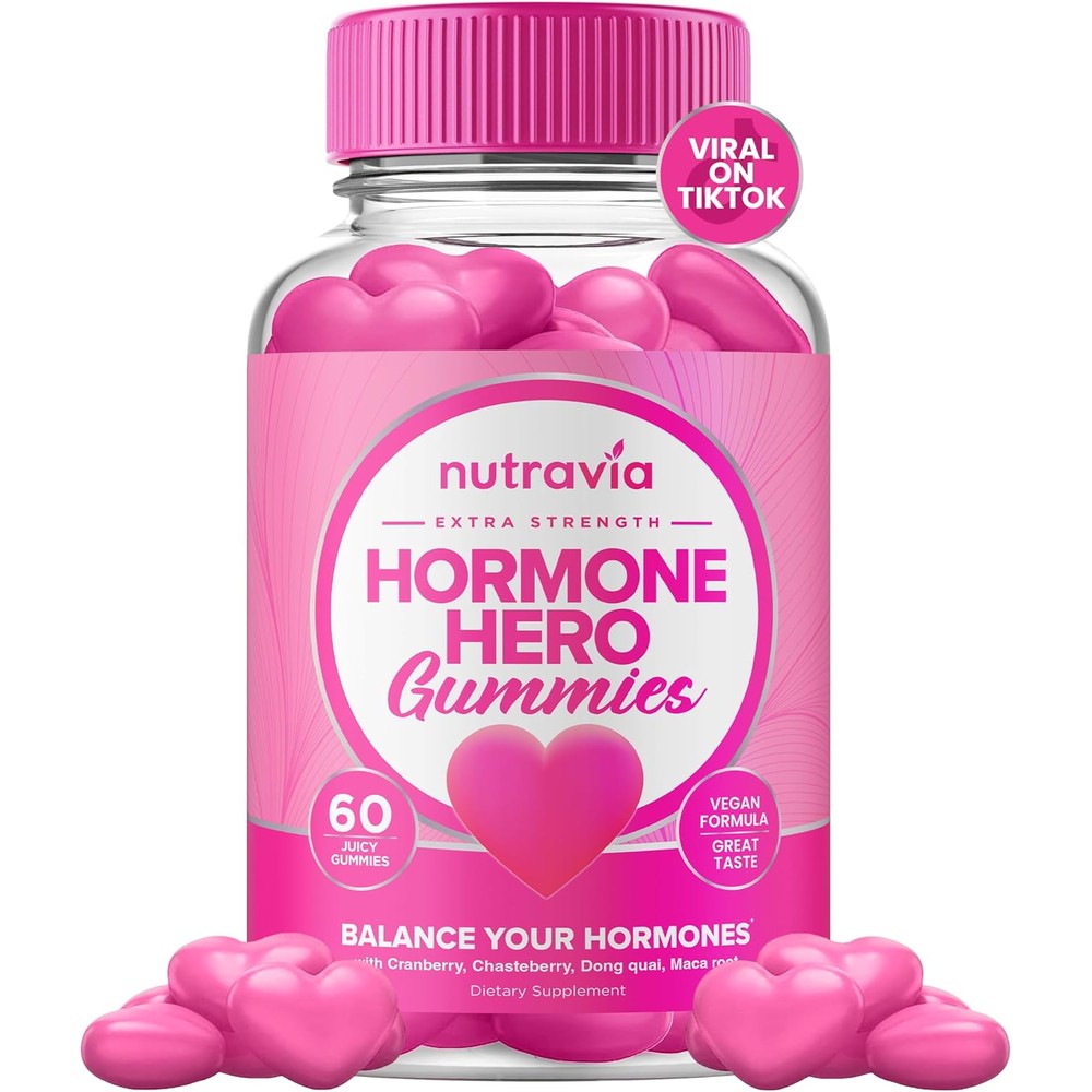 Pink Stork Nutravia Hormone Hero PMS Gummies front view bottle for women wellness