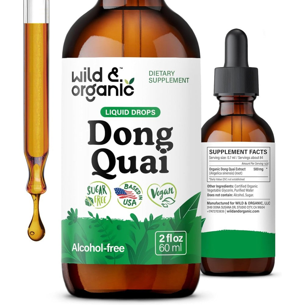 Wild And Organic Dong Quai Tincture front view bottle showing 500mg liquid extract details