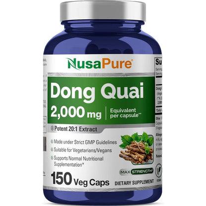 NusaPure Dong Quai 2000mg 150 veggie capsules front bottle view for women hormonal wellness.
