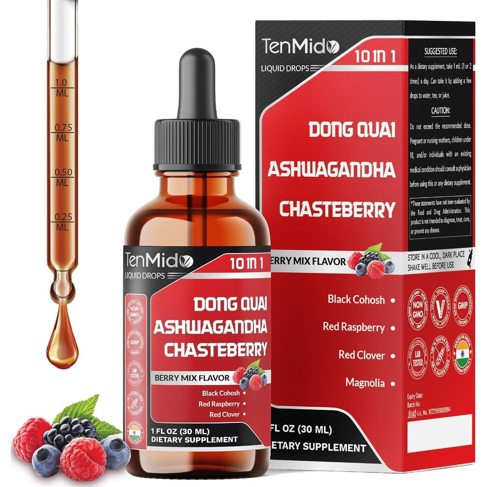 Tenmido 10-in-1 Liquid Dong Quai wellness supplement drops front view showing packaging
