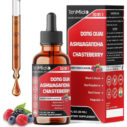 Tenmido 10-in-1 Liquid Dong Quai wellness supplement drops front view showing packaging