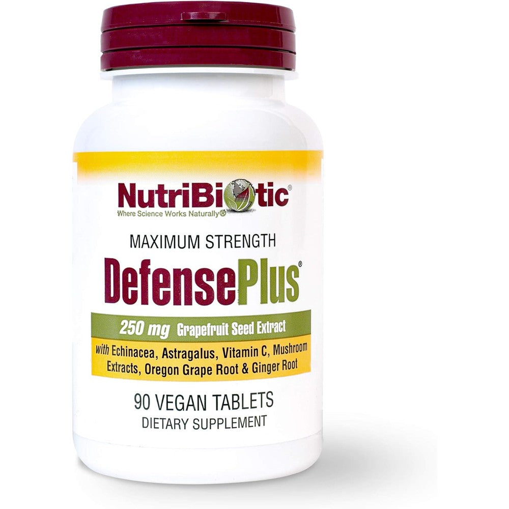 nutribiotic defenseplus 90 ascorbic acid tablets bottle for daily immune support.
