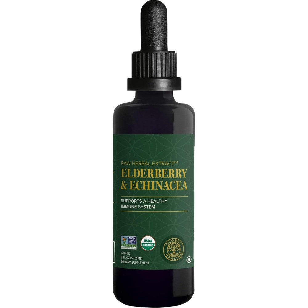 Global Healing Organic Elderberry and Echinacea liquid bottle front view