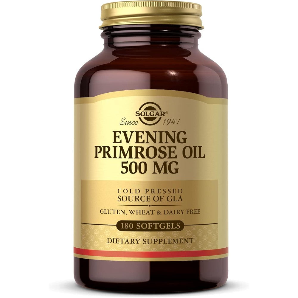 Solgar Evening Primrose Oil 500mg amber glass bottle front view showing authentic imported wellness packaging