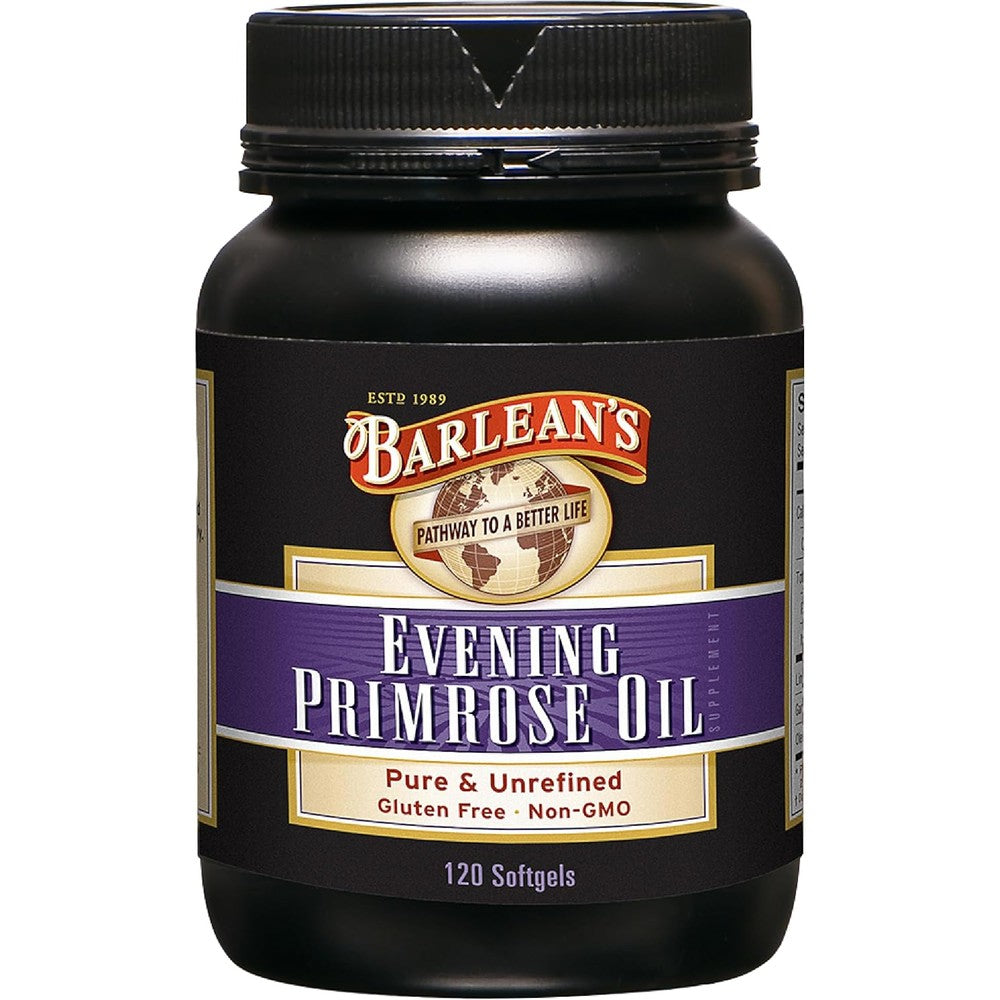 Barlean's Evening Primrose Oil 1300mg 120 Softgels bottle front view for women's wellness.