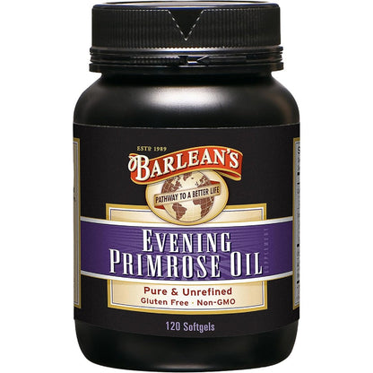 Barlean's Evening Primrose Oil 1300mg 120 Softgels bottle front view for women's wellness.