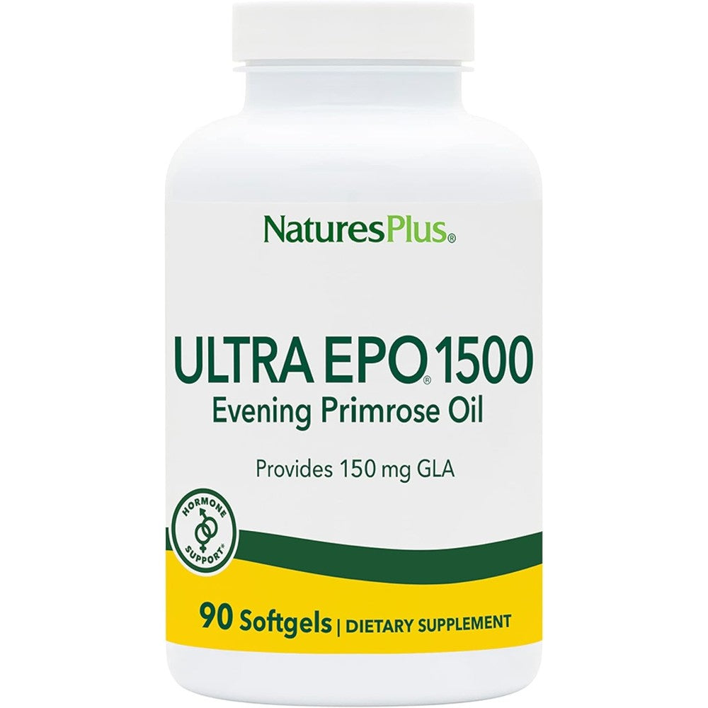 NaturesPlus Ultra EPO 1500mg Evening Primrose Oil 90 softgels bottle front view for hormonal support
