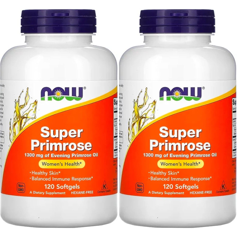 NOW Foods Super Primrose 1300mg 120 softgels pack of 2 front view bottle showing women health supplement label.