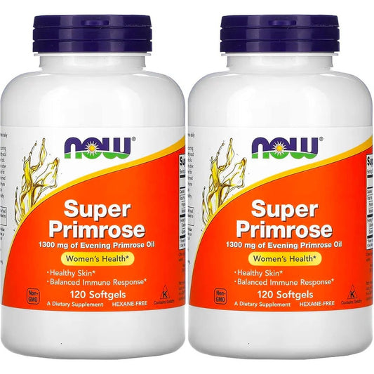 NOW Foods Super Primrose 1300mg 120 softgels pack of 2 front view bottle showing women health supplement label.